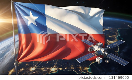 Chilean flag waving in space with satellite orbiting earth background view 131469090