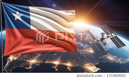 Chilean flag waving with satellite orbiting earth and sun shining in space 131469091