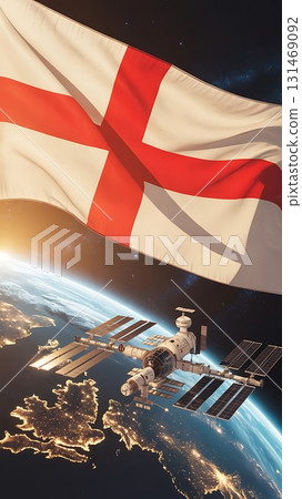 England flag above earth with international space station in the foreground 131469092