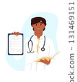 African American doctor holding clipboard with examination notes and prescription papers. Vector flat illustration on white background. 131469151