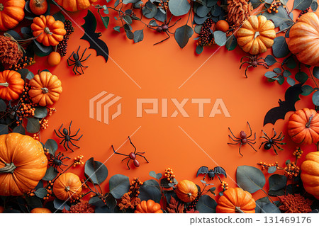 Halloween flat lay with spiders, bats, and mini pumpkins arranged around the border Halloween flat lay with spiders, bats, and mini pumpkins arranged around the border 131469176