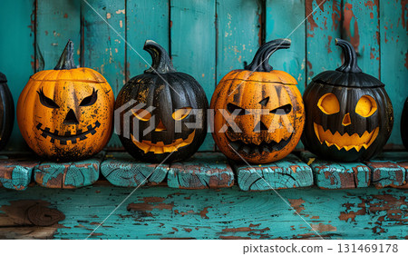 row black and orange painted pumpkins with carved spooky faces, arranged teal wooden surface 131469178