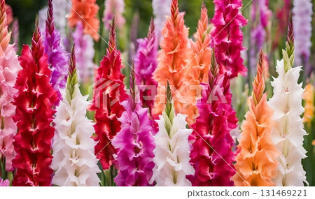 Striking multi-colored gladiolus flowers on tall spikes create a dramatic vertical accent, symbolizing strength and remembrance in floral arrangements. AI Generated Striking multi-colored gladiolus flowers on tall spikes create a dramatic vertical accent, symbolizing strength and remembrance in floral arrangements. AI Generated 131469221