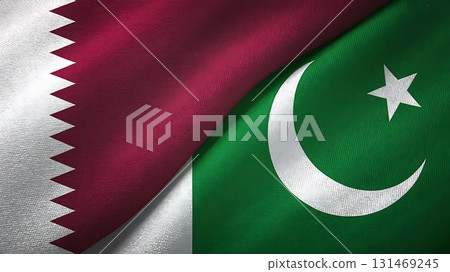 A close up of the flags of qatar and pakistan overlapping each other in the image view 131469245