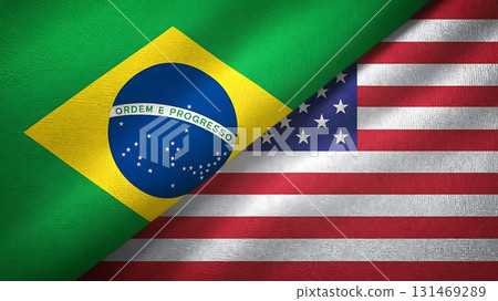 Brazil and united states of america flags overlapping in a textured close up view image 131469289