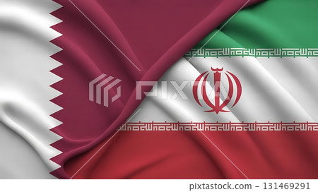 Flags of qatar and iran displayed side by side with a fabric like texture and soft light 131469291