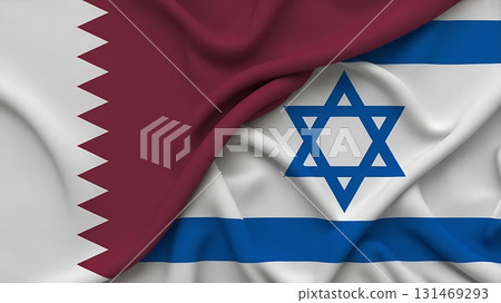 Flags of qatar and israel draped together showing political relations and diplomacy ties Flags of qatar and israel draped together showing political relations and diplomacy ties 131469293