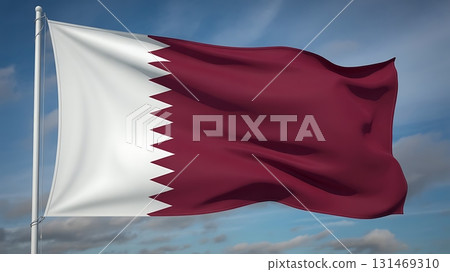 Waving qatar flag with white and maroon colors against a blue sky with some clouds 131469310