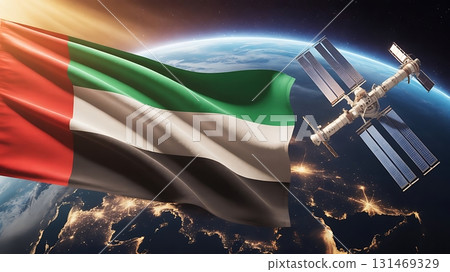 United arab emirates flag with space station orbiting earth background view 131469329