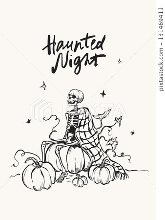 Vector Halloween card with skeleton on the pumpkins. Hand painted holiday template isolated on white background. Illustration for design, print or background. Halloween poster. Vector Halloween card with skeleton on the pumpkins. Hand painted holiday template isolated on white background. Illustration for design, print or background. Halloween poster. 131469411