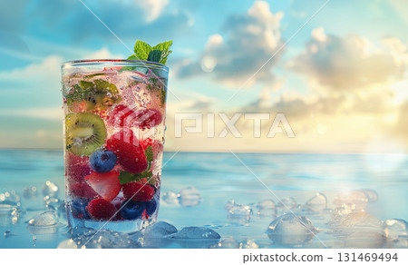 Orange cocktail glass with fruit slice on tropical beach background. banner with copy space. The concept of rest, Orange cocktail glass with fruit slice on tropical beach background. banner with copy space. The concept of rest, 131469494