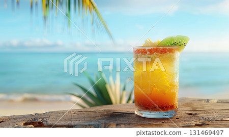 Orange cocktail glass with fruit slice on tropical beach background. banner with copy space. The concept of rest,   131469497