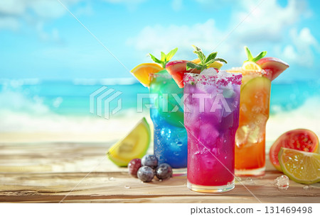 Orange cocktail glass with fruit slice on tropical beach background. banner with copy space. The concept of rest,   131469498
