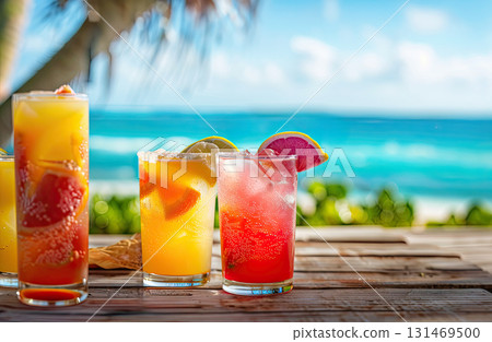 Orange cocktail glass with fruit slice on tropical beach background. banner with copy space. The concept of rest,   131469500