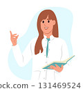 Female doctor holding an open notebook, explaining medical notes or giving instructions. Vector flat illustration isolated on white. 131469524