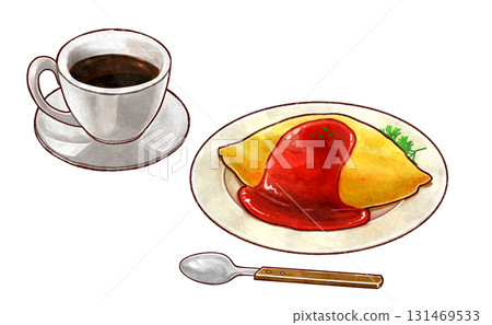 Raster illustration of omelet rice and coffee 131469533