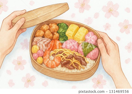 打開賞櫻便當的瞬間的水彩畫 131469556