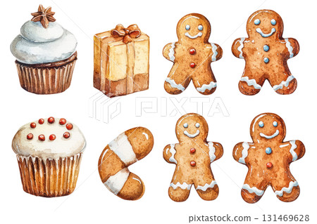 Watercolor illustration of Christmas gingerbread cookies, festive cupcakes, and a gift box with copy space for design. Isolated on transparent background. PNG, cutout 131469628