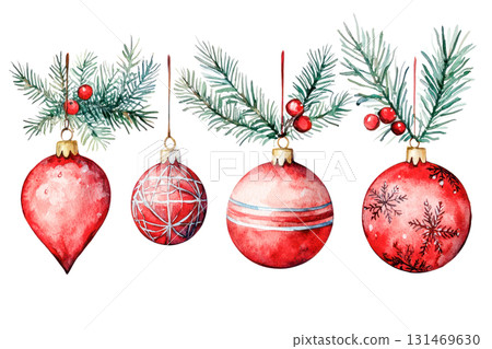 Watercolor illustration set of Christmas decorations featuring red ornaments and pine branches with festive details. Isolated on transparent background. PNG, cutout 131469630
