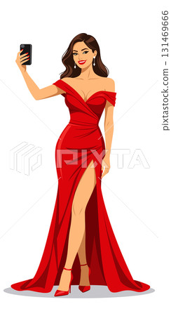 Beautiful woman take selfie red evening gown Beautiful woman take selfie red evening gown 131469666