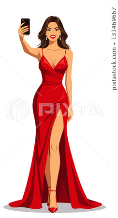 Attractive woman take selfie elegant long dress Attractive woman take selfie elegant long dress 131469667