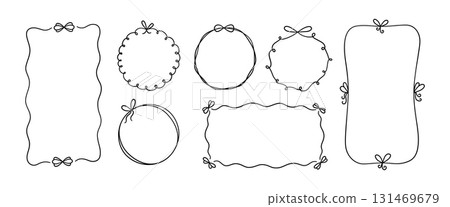 Bow circle and rectangle coquette frame set. Vintage lace ribbon round border. Hand drawn circle line bow frame. Doodle girly decorative border. Vector illustration isolated on white background. Bow circle and rectangle coquette frame set. Vintage lace ribbon round border. Hand drawn circle line bow frame. Doodle girly decorative border. Vector illustration isolated on white background. 131469679