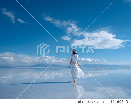 一位身穿白色洋裝的女子在藍天白雲下漫步於水面。這張照片展現了烏尤尼鹽沼的奇幻旅程與自由。 131469743