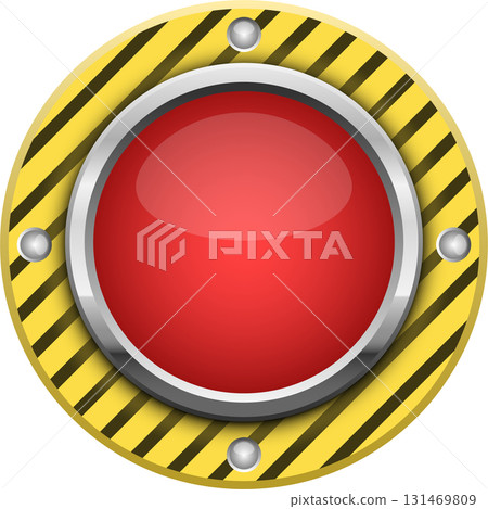 Red push button with yellow and black hazard pattern, and silver trim and securing bolts. 131469809
