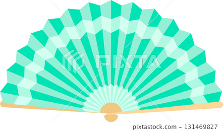 Turquoise Hand Fan: A traditional folding fan with vibrant turquoise hues and a geometric design. 131469827
