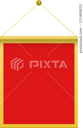 Hanging rectangular banner with a red field and a golden border, suspended from golden cords. 131469833