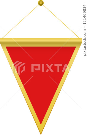 A red triangular pennant with golden trim hangs by a golden cord against a black background. A red triangular pennant with golden trim hangs by a golden cord against a black background. 131469834