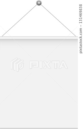 Hanging banner displays a pristine white surface, suspended against a stark black background. Hanging banner displays a pristine white surface, suspended against a stark black background. 131469838