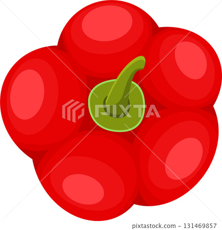 A vibrant, cartoon-style red bell pepper with a green stem, presented on a solid black backdrop. 131469857