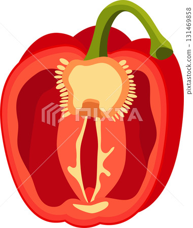 A colorful red pepper is cut down the center, revealing its inner flesh and seeds. Healthy food. A colorful red pepper is cut down the center, revealing its inner flesh and seeds. Healthy food. 131469858