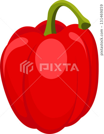 Vibrant red bell pepper with smooth skin and green stem, against a plain black background. 131469859