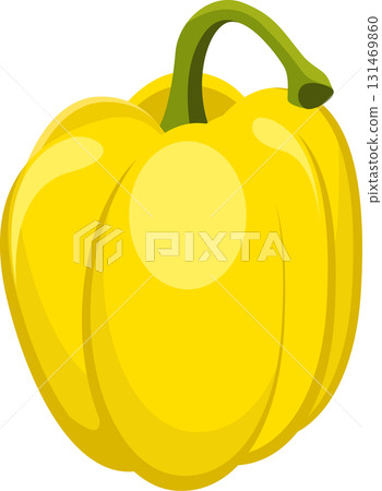 Vibrant yellow bell pepper illustration featuring a smooth skin and a curved green stem at the top. Vibrant yellow bell pepper illustration featuring a smooth skin and a curved green stem at the top. 131469860