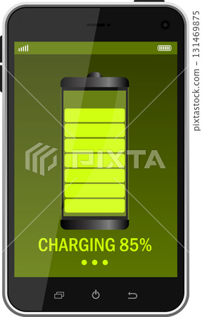 A smartphone displaying an 85% charged battery and charging indicators on a green background. A smartphone displaying an 85% charged battery and charging indicators on a green background. 131469875