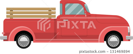 Classic red pickup truck featuring a wooden slat bed, vintage design elements, and clean lines. 131469894