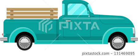 Teal-colored, classic-style pickup truck with a wooden slat cargo bed. Side view, simple design. 131469895