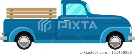 Vintage blue pickup truck, a classic icon of transportation, rendered in a simple, stylized design. 131469896