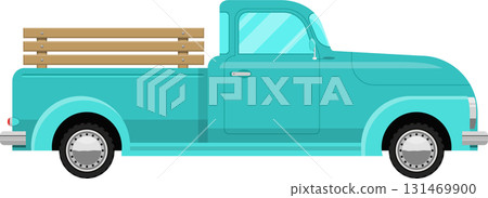 Vintage pickup truck in turquoise with wooden slats.Classic vehicle illustration on black Vintage pickup truck in turquoise with wooden slats.Classic vehicle illustration on black 131469900