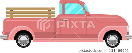 A classic salmon-colored pickup truck with light blue windows and wooden slats in the truck bed. 131469901