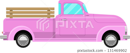 A pink vintage-style pickup truck with a light wood plank truck bed, stylized, in side profile. A pink vintage-style pickup truck with a light wood plank truck bed, stylized, in side profile. 131469902