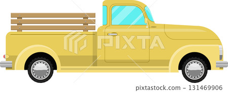 Yellow pickup truck with wooden bed, side view, showcasing vintage automotive design elements. 131469906