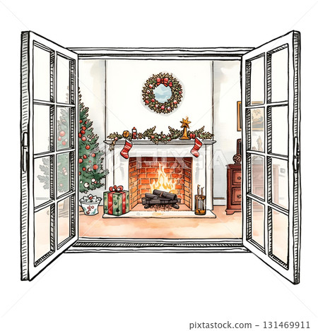 帶壁爐和窗戶的客廳（聖誕節） 131469911