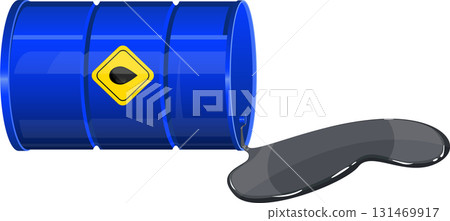 A blue barrel with a yellow hazard sign is leaking black oil on a plain background. A blue barrel with a yellow hazard sign is leaking black oil on a plain background. 131469917