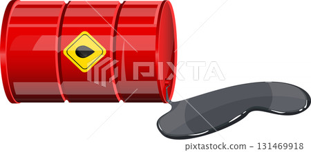Red barrel with a warning sign leaking a dark liquid substance on a black surface. Red barrel with a warning sign leaking a dark liquid substance on a black surface. 131469918