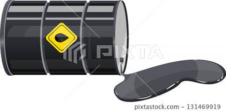 Leaking barrel of dark liquid with yellow warning sign, symbolizing environmental pollution. Leaking barrel of dark liquid with yellow warning sign, symbolizing environmental pollution. 131469919