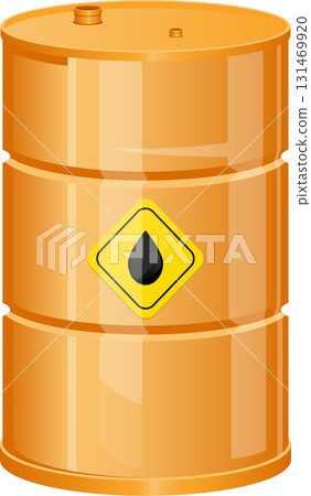 Orange barrel with a yellow diamond-shaped label with a black liquid droplet inside. Cylindrical Orange barrel with a yellow diamond-shaped label with a black liquid droplet inside. Cylindrical 131469920