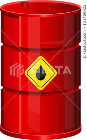 Vibrant red barrel with a caution symbol highlighting potential liquid or chemical content. 131469922